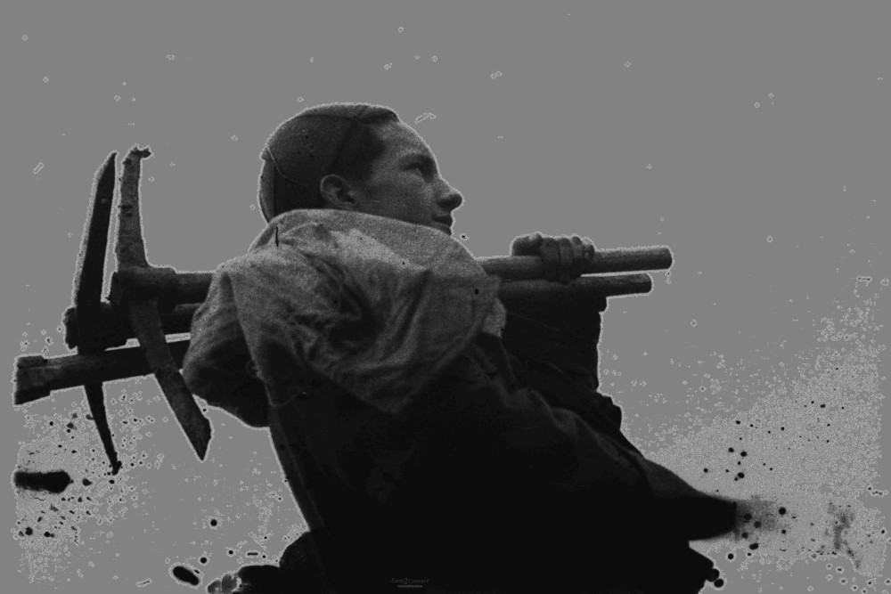 foto de un joven miliciano con 2 picos al hombro, saliendo a cavar trincheras al frente.