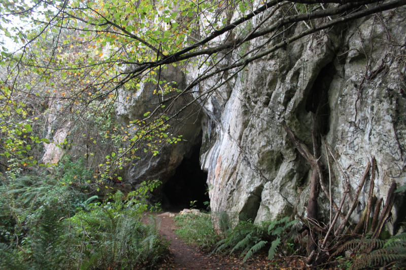 foto de entrada a la cueva de Valdecuevas. Se ven dos salientes rocosos y en el medio está la entrada a la cueva.