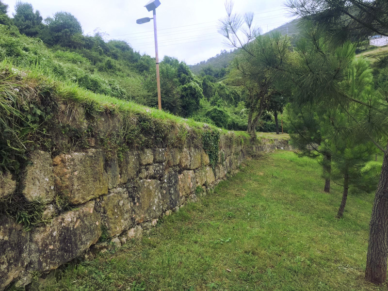 foto del encañado de Fitoria. Se ve un muro de piedra rodeado de árboles.