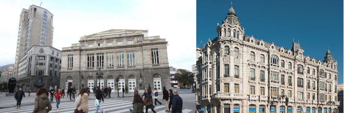 fotocomposición del teatro Campoamor y de la Casa Garcia Conde en la ciudad de Oviedo. En ambos edificios se ve el color de caliza gris característica procedente del Monte Naranco.