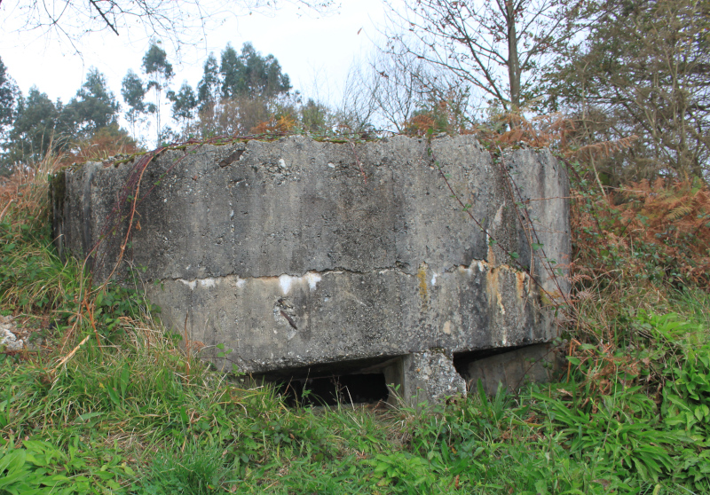 Foto de nido de ametralladoras en el Rebollal. Es una estructura de hormigón con dos troneras en la parte inferior que semejen ojos.