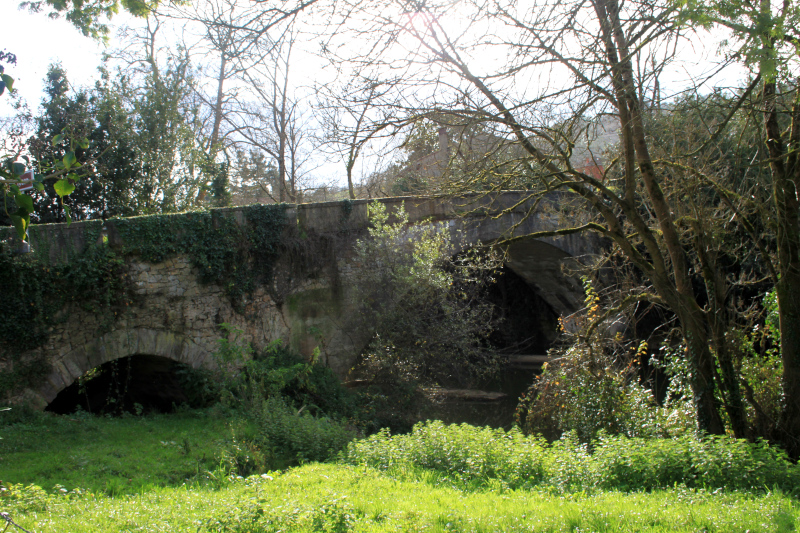 foto de el puente de Cayés, antiguo puente medieval sobre el rio Nora. Es un puente de tres arcos,siendo el arco central el más grande de todos.