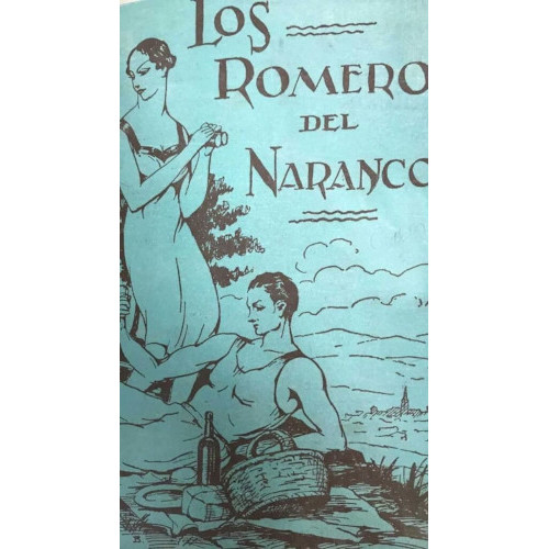 cartel antiguo anunciador de la Jira de El Naranco. En el cartel con un fondo azul se ve una mujer de pie y a un hombre sentando a sus pies con una botella de sidra, un plato y una cesta de mimbre